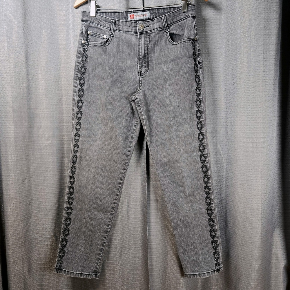 COS Jeans Womens 10P Gray Embroidered Side Stripe Straight Leg Petite Denim